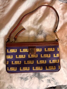 Dooney & Bourke Purple and Gold LSU Logo Wristlet